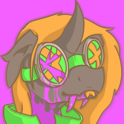 Size: 1024x1024 | Tagged: safe, artist:unpeeledwasp, oc, oc only, oc:caz, species:changeling, drugs, goggles, neon, portrait, solo, tongue out