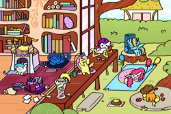 Size: 1000x667 | Tagged: safe, artist:steveholt, character:applejack, character:derpy hooves, character:fluttershy, character:gummy, character:pinkie pie, character:princess celestia, character:princess luna, character:rainbow dash, character:rarity, character:twilight sparkle, character:twilight sparkle (alicorn), species:alicorn, species:pony, apple, balloon, behaving like a cat, book, castle, cat, cat toy, cheese, crossover, cute, donut, dot eyes, food, mane six, neko atsume, reading, scratching post, scroll, silly, silly pony, sitting, species swap, spike's egg, style emulation, who's a silly pony