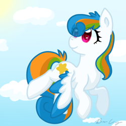 Size: 415x415 | Tagged: safe, artist:cloureed, oc, oc only, oc:chasing clouds, species:pegasus, species:pony, flying, looking back, sky, solo