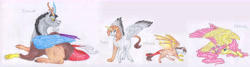 Size: 15000x4032 | Tagged: safe, artist:dawn22eagle, character:discord, character:fluttershy, oc, oc:flitterwick, oc:swan, parent:discord, parent:fluttershy, parents:discoshy, species:alicorn, species:draconequus, species:pony, ship:discoshy, absurd resolution, alicorn oc, bat wings, cloven hooves, colored hooves, colored wings, colored wingtips, crooked horn, family, female, headcanon, hybrid, interspecies offspring, male, next generation, offspring, original species, shipping, straight, tail feathers, traditional art, wings