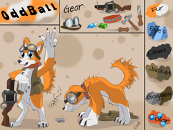 Size: 2000x1500 | Tagged: safe, artist:kassc, oc, oc only, oc:oddball, species:diamond dog, species:pony, bipedal, collar, floppy ears, glare, goggles, gritted teeth, growling, gun, male, nose wrinkle, open mouth, rat, reference sheet, scared, smiling, solo, weapon