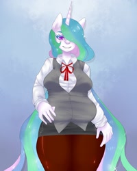 Size: 1024x1280 | Tagged: safe, artist:pettankochanv, character:princess celestia, species:anthro, chubby, clothing, female, grin, principal, solo, wide hips