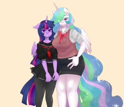 Size: 1280x1109 | Tagged: safe, artist:pettankochanv, character:princess celestia, character:twilight sparkle, character:twilight sparkle (alicorn), species:alicorn, species:anthro, blushing, breasts, busty princess celestia, clothing, female, hot for teacher
