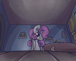 Size: 1250x1000 | Tagged: safe, artist:spikedmauler, character:sweetie belle, anxious, dramatic, female, go ask sweetie belle, hair over one eye, hilarious in hindsight, low angle, scared, solo, step, trotting