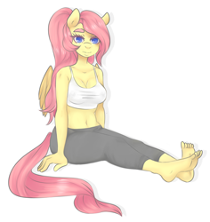 Size: 1116x1184 | Tagged: safe, artist:pettankochanv, character:fluttershy, species:anthro, species:plantigrade anthro, barefoot, belly button, cleavage, clothing, feet, female, looking at you, midriff, ponytail, sitting, soles, solo, tank top, toes, yoga pants