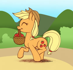 Size: 1134x1099 | Tagged: safe, artist:foxbeast, character:applejack, apple, basket, eyes closed, female, food, mouth hold, solo