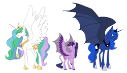 Size: 4750x2750 | Tagged: safe, artist:phobicalbino, character:princess celestia, character:princess luna, character:twilight sparkle, character:twilight sparkle (alicorn), species:alicorn, species:bat pony, species:classical unicorn, species:pony, bat ponified, bat pony alicorn, bat wings, curved horn, fangs, headcanon, hybrid wings, leonine tail, lunabat, race swap, simple background, spread wings, unshorn fetlocks, white background, wings