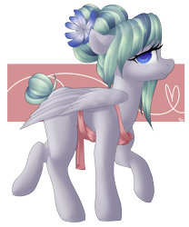 Size: 1280x1537 | Tagged: safe, artist:rue-willings, oc, oc only, oc:feather fry, species:pegasus, species:pony, apron, clothing, ear freckles, flower, flower in hair, freckles, hair bun, solo