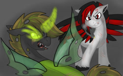 Size: 540x338 | Tagged: safe, artist:php62, oc, oc only, oc:forest thorn, oc:techno wing, species:changeling, species:pegasus, species:pony, amputee, augmented, brown changeling, fight, hissing, prosthetic limb, prosthetic wing, prosthetics, scar, solo
