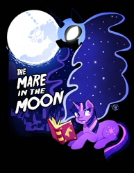 Size: 800x1035 | Tagged: safe, artist:steveholt, character:nightmare moon, character:princess luna, character:twilight sparkle, species:alicorn, species:pony, species:unicorn, book, female, full moon, hooves, horn, lineless, lying down, mare, mare in the moon, moon, open mouth, poster, prone, solo, text