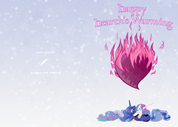 Size: 3150x2250 | Tagged: safe, artist:feather, character:princess celestia, character:princess luna, cute, eyes closed, fire of friendship, heart, hearth's warming, hug, on side, princess, prone, sisters, smiling