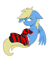 Size: 1024x1229 | Tagged: safe, artist:theartistsora, oc, oc only, oc:synthis, clothing, floppy ears, folded wings, music, socks, striped socks, thigh highs, upset