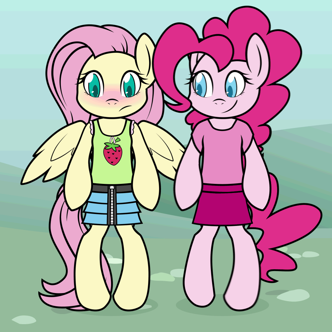 Size: 1058x1058 | Tagged: safe, artist:liggliluff, derpibooru original, character:fluttershy, character:pinkie pie, species:pony, animated, assisted exposure, belly button, bipedal, blushing, clothing, embarrassed, embarrassed underwear exposure, female, frilly underwear, humiliation, panties, pantsing, prank, ribbon, semi-anthro, skirt, striped underwear, tank top, underwear, undressing, unzipping, wingboner, zipper
