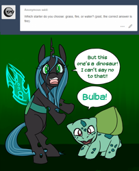 Size: 1000x1230 | Tagged: safe, artist:ryuredwings, character:queen chrysalis, bulbasaur, comic, crossover, filly, filly queen chrysalis, pokémon
