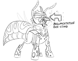 Size: 1153x900 | Tagged: safe, artist:unpeeledwasp, oc, oc only, oc:waspy, species:changeling, insect, mandibles, monochrome, pun, sketch, solo, wasp, wasp changeling, waspling