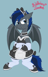 Size: 506x810 | Tagged: safe, artist:php62, oc, oc only, oc:fang, species:bat pony, species:pony, annoyed, bat pony oc, clothing, crossdressing, maid, outfit