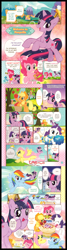 Size: 900x3340 | Tagged: safe, artist:akira himekawa, official, character:applejack, character:fluttershy, character:pinkie pie, character:rainbow dash, character:rarity, character:twilight sparkle, species:bird, apple, cake, chocolate, clothing, comic, cute, dress, food, mane six, manga, ponyville, sparkles, translation