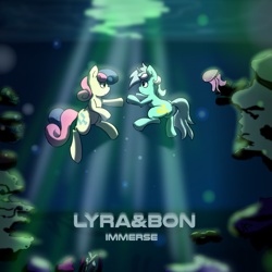 Size: 1750x1750 | Tagged: safe, artist:davierocket, character:bon bon, character:lyra heartstrings, character:sweetie drops, album cover, album parody, coral, cover, jellyfish, pendulum, ponified, ponified album cover, text, tribute, underwater