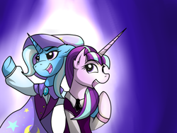 Size: 4000x3000 | Tagged: safe, artist:dazed-and-wandering, character:starlight glimmer, character:trixie, species:pony, species:unicorn, episode:no second prances, g4, my little pony: friendship is magic, absurd resolution, clothing, female, mare, singing