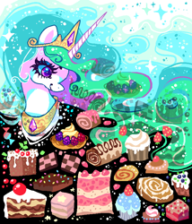 Size: 666x777 | Tagged: safe, artist:njeekyo, character:princess celestia, cake, cakelestia, candy, cinnamon bun, cookie, cupcake, female, food, solo, sweets