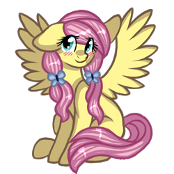 Size: 2700x2700 | Tagged: safe, artist:adostume, character:fluttershy, alternate hairstyle, blushing, cute, female, floppy ears, missing cutie mark, pigtails, shyabetes, sitting, solo, spread wings, wings