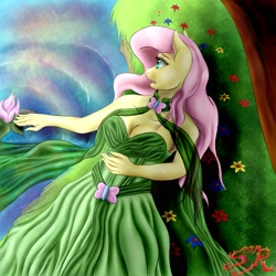 Size: 2880x2880 | Tagged: safe, artist:swiftriff, character:fluttershy, species:anthro, breasts, busty fluttershy, cleavage, clothing, dress, female, flower, grass, on back, river, solo, stream, water, waterlily