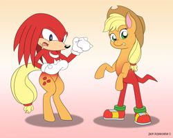 Size: 3759x3000 | Tagged: safe, artist:foxbeast, part of a set, character:applejack, character:sonic the hedgehog, species:pony, body swap, character to character, crossover, downvote bait, female to male, gradient background, hybrid, knuckles the echidna, part of a series, partial body swap, pony to anthro, rule 63, sega, simple background, sonic the hedgehog (series), transformation, transgender transformation, video game, wat, what has science done, where is your god now?, why