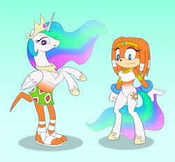 Size: 4000x3703 | Tagged: safe, artist:foxbeast, part of a set, character:princess celestia, character:sonic the hedgehog, species:anthro, body swap, character to character, crossover, female, gradient background, hybrid, part of a series, partial body swap, pony to anthro, sega, simple background, sonic the hedgehog (series), species swap, tikal, transformation, video game, what has science done, why