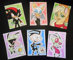 Size: 4176x3456 | Tagged: safe, artist:foxbeast, character:applejack, breasts, card, cleavage, crossover, dib membrane, female, gir, hand on hip, invader zim, nickelodeon, rouge the bat, sega, shadow the hedgehog, simple background, sonic the hedgehog (series), traditional art, video game, zim