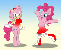 Size: 3414x2803 | Tagged: safe, artist:foxbeast, part of a set, character:pinkie pie, character:sonic the hedgehog, amy rose, body swap, character to character, crossover, female, gradient background, hybrid, part of a series, partial body swap, pony to anthro, sega, simple background, sonic the hedgehog (series), transformation, video game, what has science done