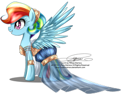 Size: 1200x886 | Tagged: safe, artist:tiffanymarsou, character:rainbow dash, alternate hairstyle, clothing, dress, female, gala dress, smiling, solo, spread wings, wings