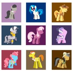 Size: 466x466 | Tagged: safe, artist:steveholt, part of a set, character:carrot cake, character:cheerilee, character:cup cake, character:daring do, character:diamond tiara, character:dj pon-3, character:octavia melody, character:vinyl scratch, character:zecora, species:zebra, minimalist, simple background