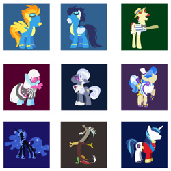Size: 466x466 | Tagged: safe, artist:steveholt, part of a set, character:discord, character:flam, character:hoity toity, character:nightmare moon, character:photo finish, character:princess luna, character:sapphire shores, character:shining armor, character:soarin', character:spitfire, species:pony, minimalist