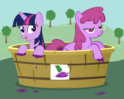 Size: 2040x1627 | Tagged: safe, artist:misteraibo, character:berry punch, character:berryshine, character:twilight sparkle, food, grape stomping, grapes, implied, vector