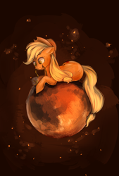 Size: 1897x2801 | Tagged: safe, artist:segraece, part of a set, character:applejack, species:earth pony, species:pony, cute, female, floppy ears, giant pony, hose, macro, mare, mars, mouth hold, pony bigger than a planet, prone, smiling, solo, space, tangible heavenly object, water, watering