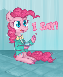 Size: 1024x1255 | Tagged: safe, artist:kyaokay, character:pinkie pie, bow tie, classy, clothing, female, hoof hold, sitting, solo, spoon, teacup