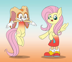 Size: 963x829 | Tagged: safe, artist:foxbeast, part of a set, character:fluttershy, body swap, character to character, cream the rabbit, crossover, gradient background, hybrid, part of a series, partial body swap, simple background, sonic the hedgehog (series), species swap, transformation