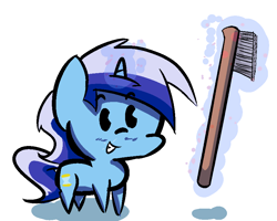 Size: 865x692 | Tagged: safe, artist:davierocket, character:minuette, button eyes, female, grin, magic, shiny teeth, simple background, smiling, solo, toothbrush