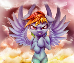 Size: 5000x4259 | Tagged: safe, artist:ferasor, character:rainbow dash, absurd resolution, belly button, evil grin, female, flying, looking at you, solo