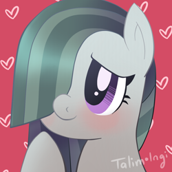Size: 1000x1000 | Tagged: safe, artist:talimingi, character:marble pie, species:earth pony, species:pony, blushing, bust, cute, female, heart, marblebetes, mare, portrait, red background, simple background, solo