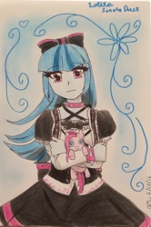 Size: 800x1204 | Tagged: safe, artist:fallenangel5414, character:pinkamena diane pie, character:pinkie pie, character:sonata dusk, my little pony:equestria girls, anime, female, lolita fashion, looking at you, plushie, solo, traditional art