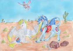Size: 6764x4800 | Tagged: safe, artist:dawn22eagle, oc, oc only, oc:blue moon quartz, oc:bright topaz, oc:diamond blade, parent:braeburn, parent:little strongheart, parent:princess cadance, parent:shining armor, parents:braeheart, parents:shiningcadance, species:classical unicorn, species:pegasus, species:pony, species:unicorn, absurd resolution, adopted offspring, cactus, cloven hooves, colored hooves, colored wings, colored wingtips, desert, flying, gay, leonine tail, male, next generation, offspring, saguaro cactus, shipping, tail feathers, traditional art, unshorn fetlocks