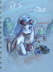 Size: 895x1200 | Tagged: safe, artist:lexx2dot0, character:dj pon-3, character:vinyl scratch, coffee, headphones, scenery, traditional art