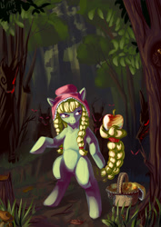 Size: 1239x1753 | Tagged: safe, artist:lexx2dot0, character:granny smith, species:pony, action pose, apple, bipedal, everfree forest, forest, prehensile tail, scenery, timber wolf, young granny smith, younger, zap apple