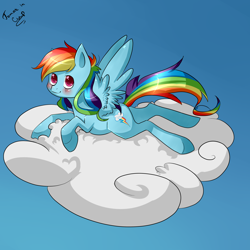 Size: 2000x2000 | Tagged: safe, artist:tomat-in-cup, character:rainbow dash, species:pegasus, species:pony, backwards cutie mark, cloud, female, mare, on a cloud, prone, signature, solo