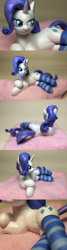 Size: 1200x4457 | Tagged: safe, artist:fromamida, character:rarity, species:pony, species:unicorn, bedroom eyes, belly button, blushing, c:, close-up, clothing, female, looking back, mare, on side, sculpture, smiling, socks, solo, striped socks, traditional art