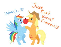 Size: 1079x832 | Tagged: safe, artist:brownedtoast, character:applejack, character:rainbow dash, species:pony, ship:appledash, apple, bipedal, blushing, clothing, cowboy hat, dialogue, exclamation point, female, food, hat, interrobang, lesbian, mare, open mouth, pixiv, question mark, shipping, stetson