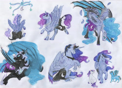 Size: 6721x4834 | Tagged: safe, artist:dawn22eagle, character:nightmare moon, character:princess luna, oc, oc:heavenly aster, oc:raven dusk, parent:princess luna, species:bat pony, species:classical unicorn, species:pony, species:unicorn, episode:luna eclipsed, g4, my little pony: friendship is magic, absurd resolution, adopted offspring, bat wings, cloven hooves, colored hooves, colored wings, colored wingtips, colt, crib mobile, ethereal mane, filly, jewelry, leg rings, leonine tail, male, necklace, next generation, original designs, original style, realistic horse legs, tail feathers, timeline, traditional art, transformation, unshorn fetlocks, woona