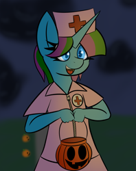 Size: 1017x1281 | Tagged: safe, artist:color-spark, oc, oc only, species:anthro, species:pony, species:unicorn, anthro oc, clothing, costume, halloween, pumpkin bucket, solo