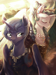Size: 913x1227 | Tagged: safe, artist:locksto, character:princess celestia, character:princess luna, species:alicorn, species:pony, :|, alternate hairstyle, braid, clothing, crossover, crown, dress, ear piercing, eyes closed, female, frown, glare, jewelry, lidded eyes, mare, necklace, pearl necklace, piercing, regalia, serious, sitting, spread wings, the witcher, wing fluff, wings